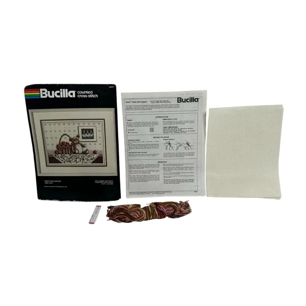 BUCILLA Vintage Teddy With Apples #40247 New Opened Counted Cross Stitch Kit
